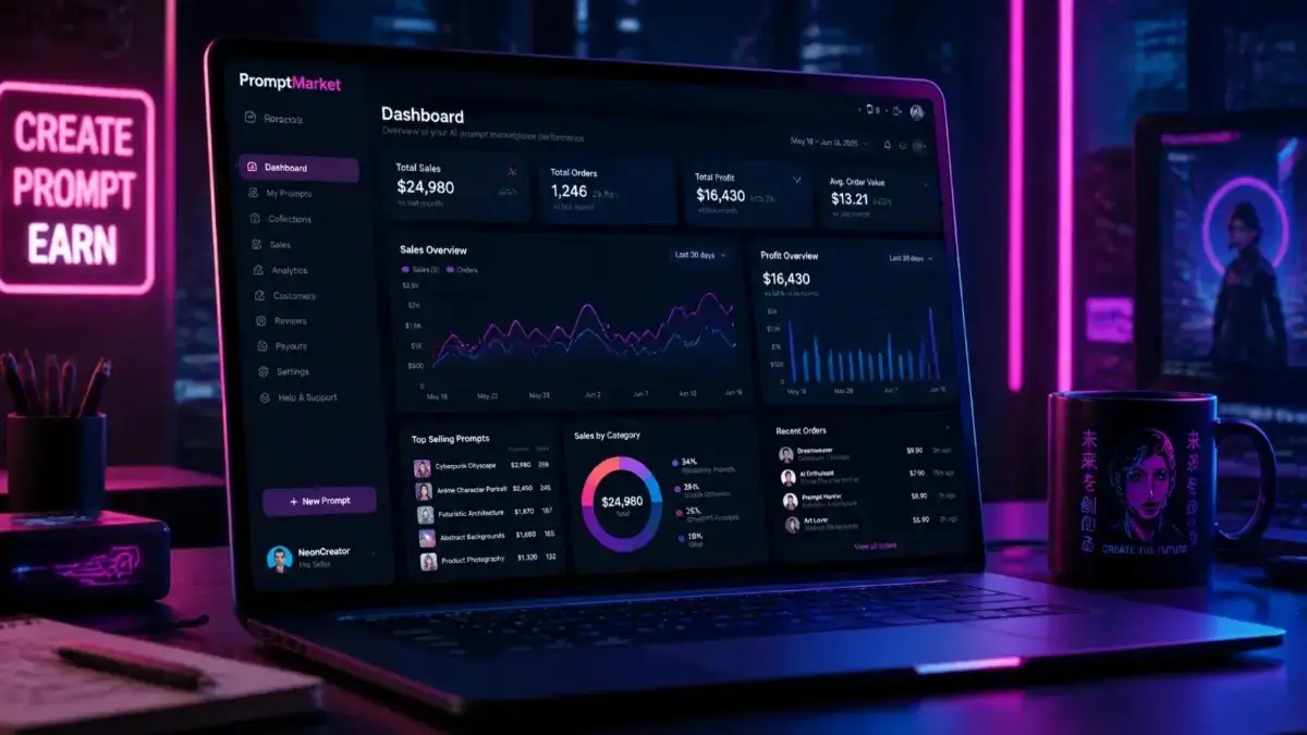 A high-quality mockup of a digital marketplace dashboard on a glowing laptop screen showing sales analytics for AI prompts
