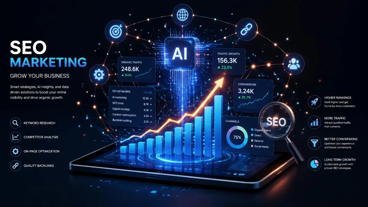 Top 5 ChatGPT Prompts for SEO illustration showing growth charts and AI technology