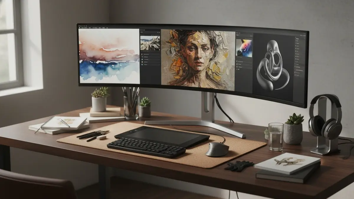 High-quality AI-generated workspace of a digital artist making money with AI art