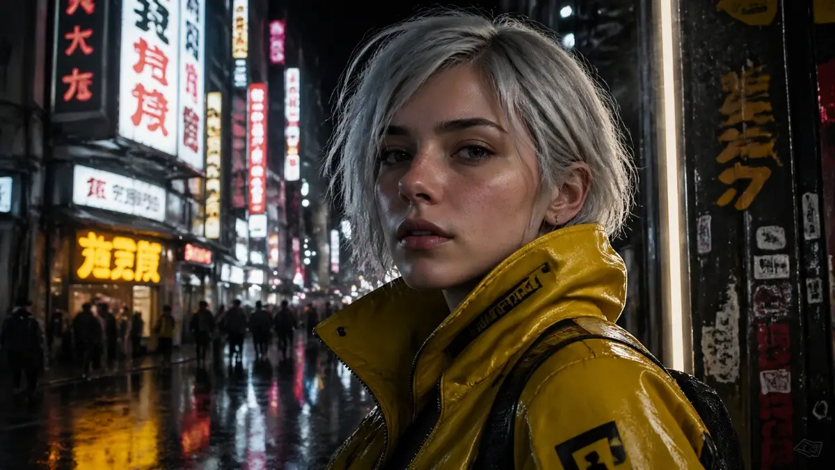 A hyper-realistic cinematic portrait of a young woman with freckles and short silver hair wearing a yellow cyberpunk jacket