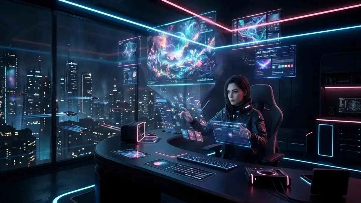 Professional graphic designer technically editing and upscaling AI art on a large monitor