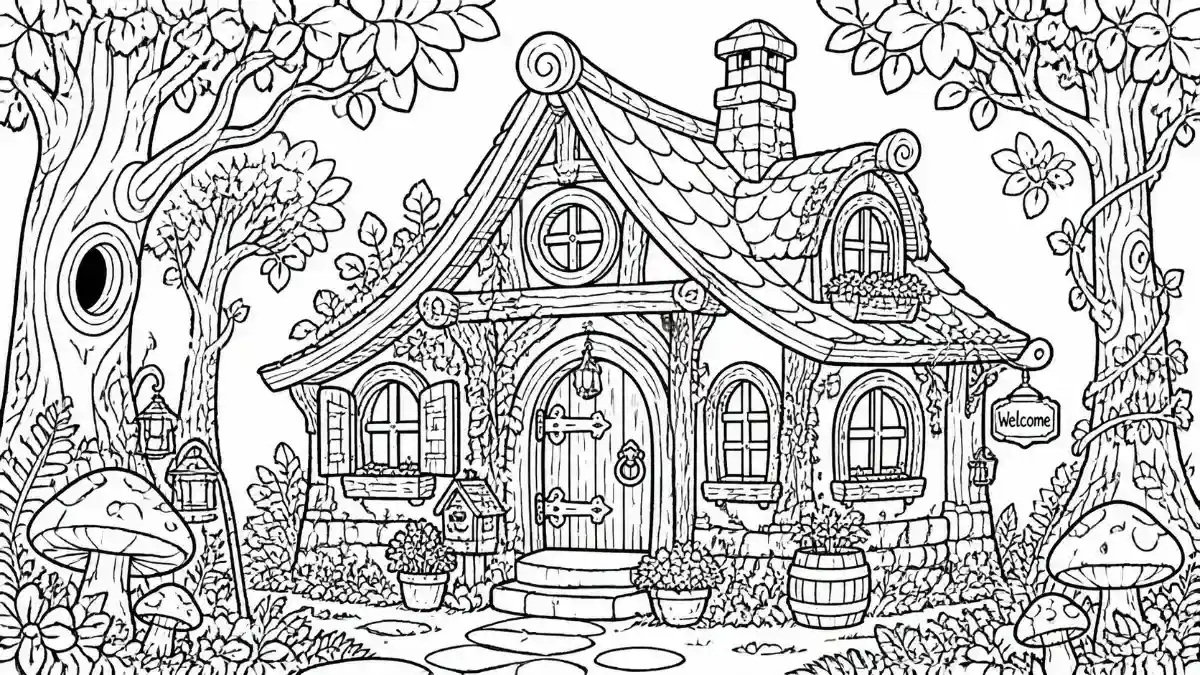 A highly detailed black and white line art illustration of a mystical forest cottage, perfect for a coloring book page