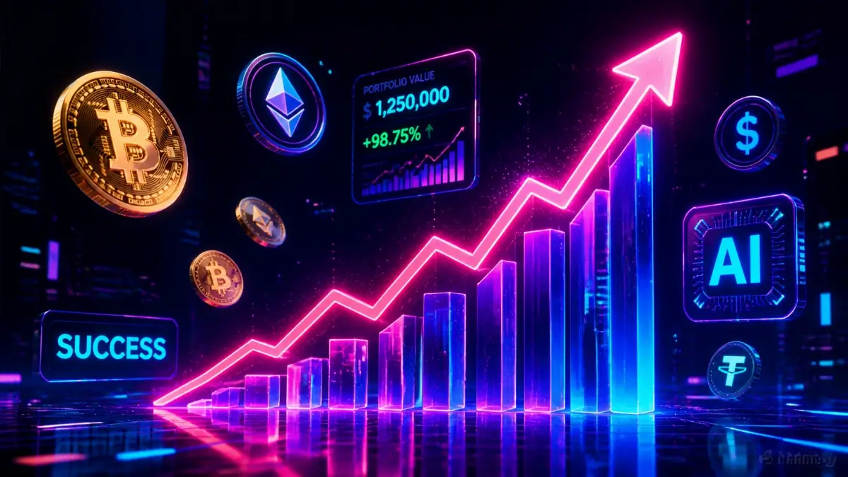 Stylized 3D illustration of a glowing upwards trending graph made of neon lights representing passive income growth from AI