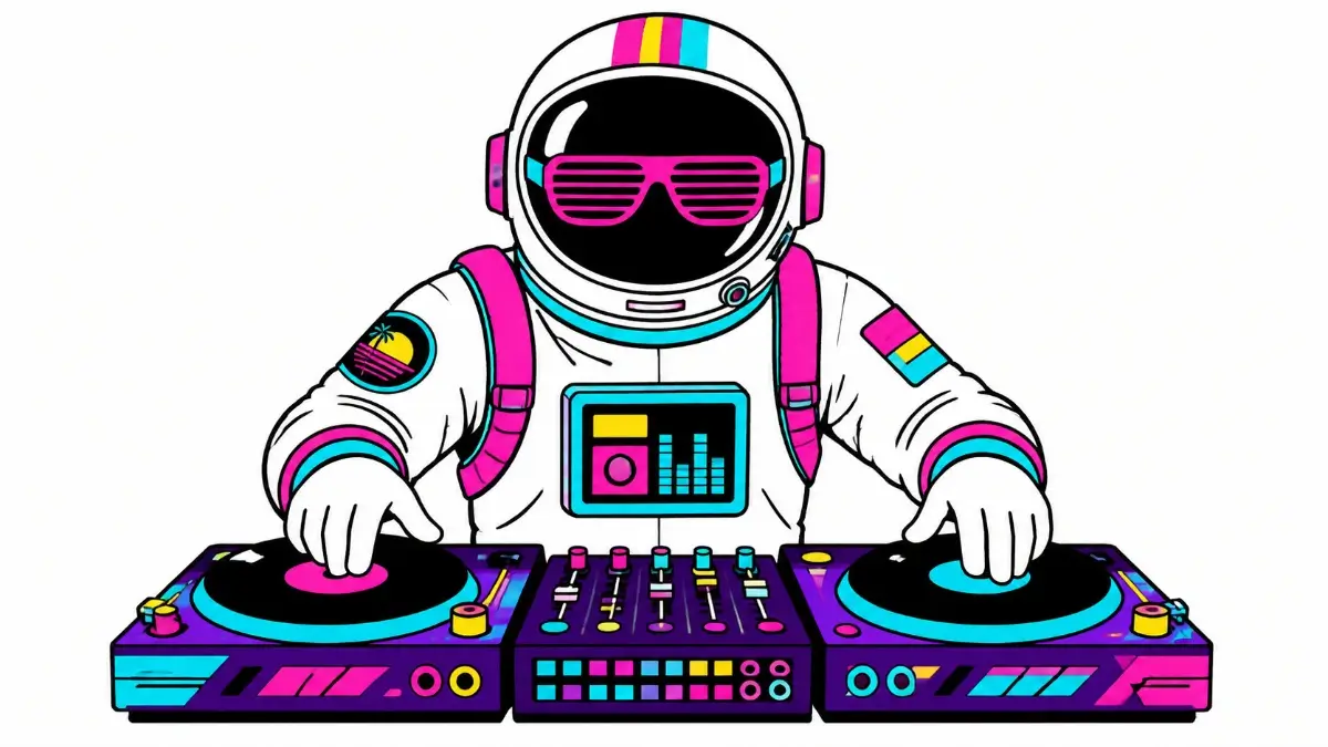 A vibrant flat vector illustration of an astronaut DJ on a t-shirt design generated by AI