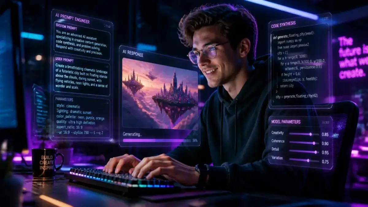 A cinematic shot of a creator typing on a mechanical keyboard with holographic text and complex AI prompts floating around